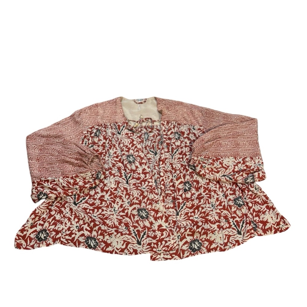 Free People Cropped Kimono Style Blouse Red and White Floral Print Size Medium